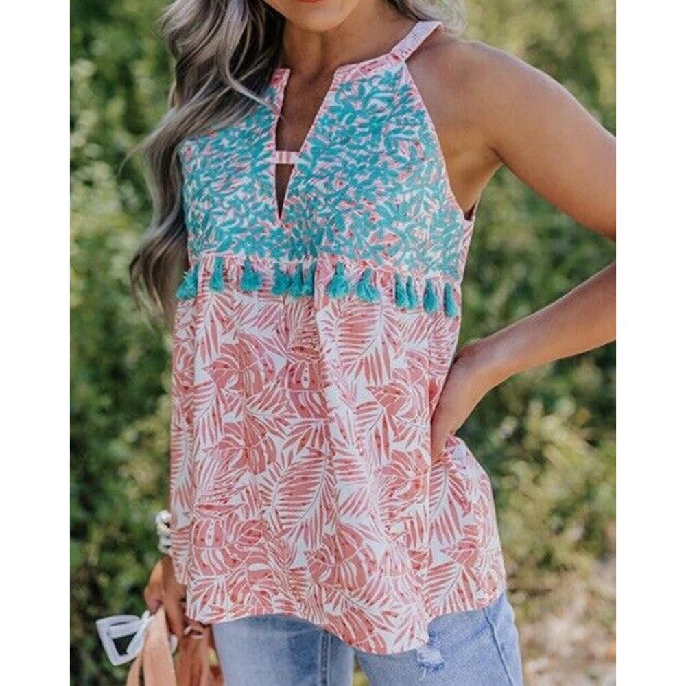 Impressions Womens XS Boho Embroidered Tank Top Cotton Palm Tropical Coral White